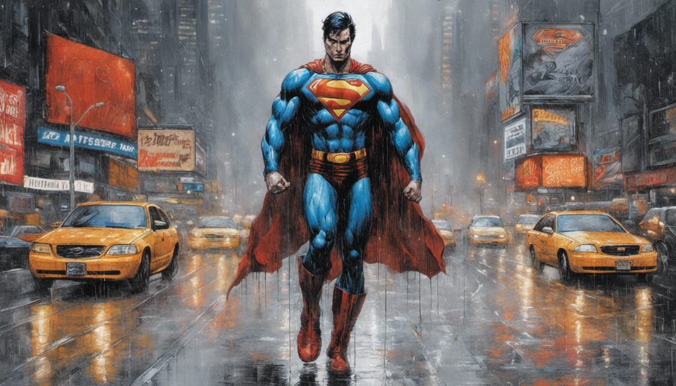 Superman in Times Square in Comic Book Style