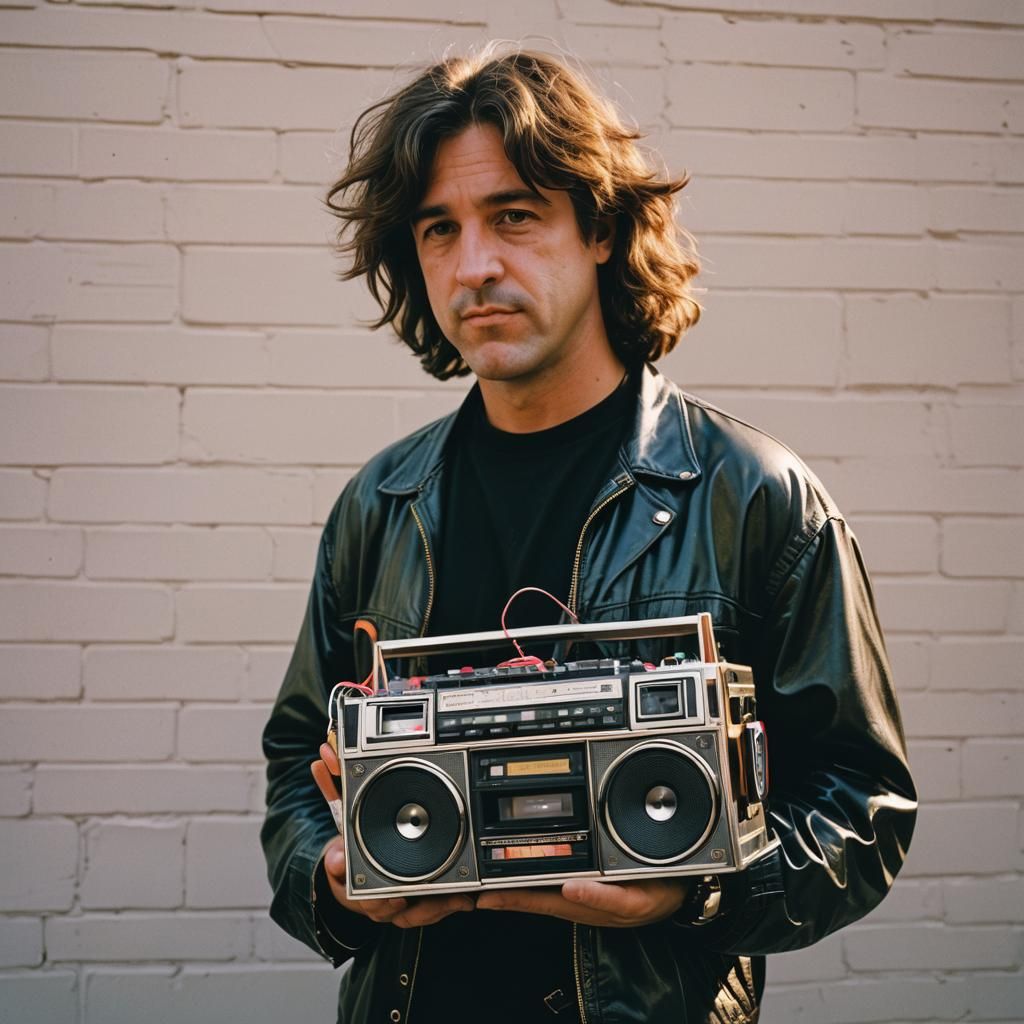 Vibrant Portrait of a Man Holding 80s Boombox
