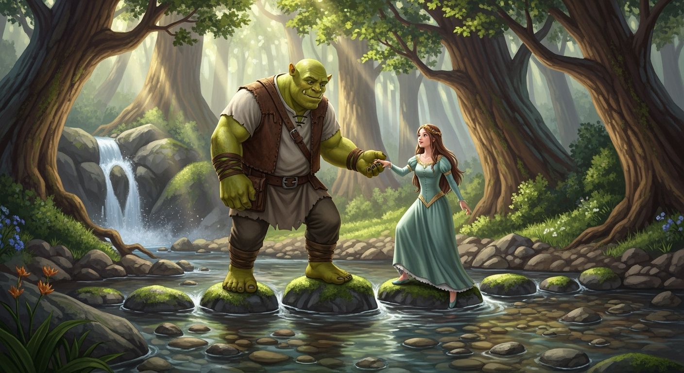 Ogre Helping Princess in Fantasy Forest