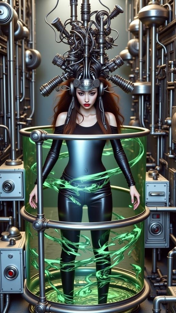 Futuristic Woman in Tube with Wires, as Concept Art