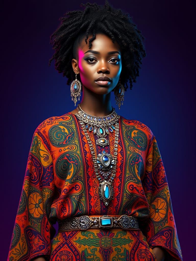Afrofuturist Goddess in Vibrant Dashiki, Jewels, and Ombre H...