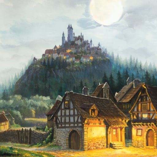 Medieval Mountain Town Under Oversized Moon