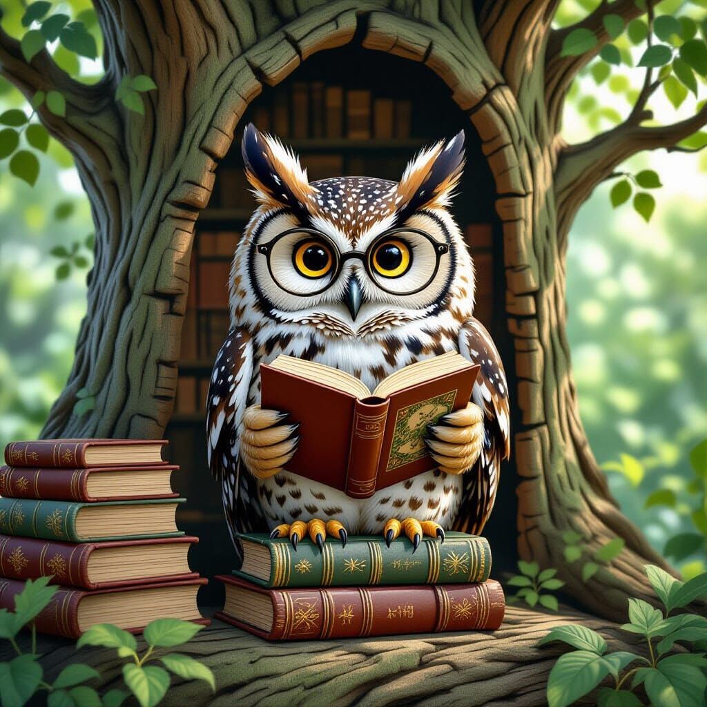 Spectacled Owl Reads in Ancient Tree Library