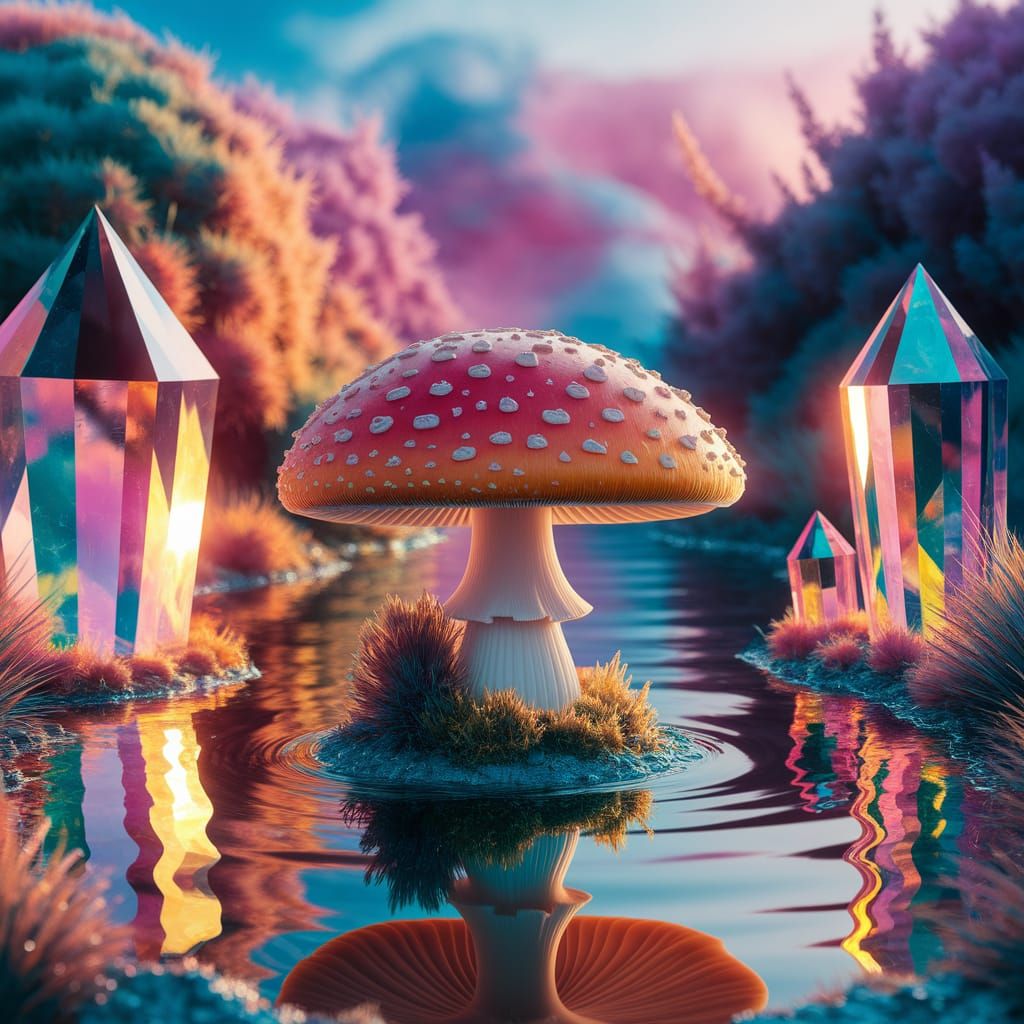 Vibrant Oil Painting of Mushroom Oasis in Triadic Colors