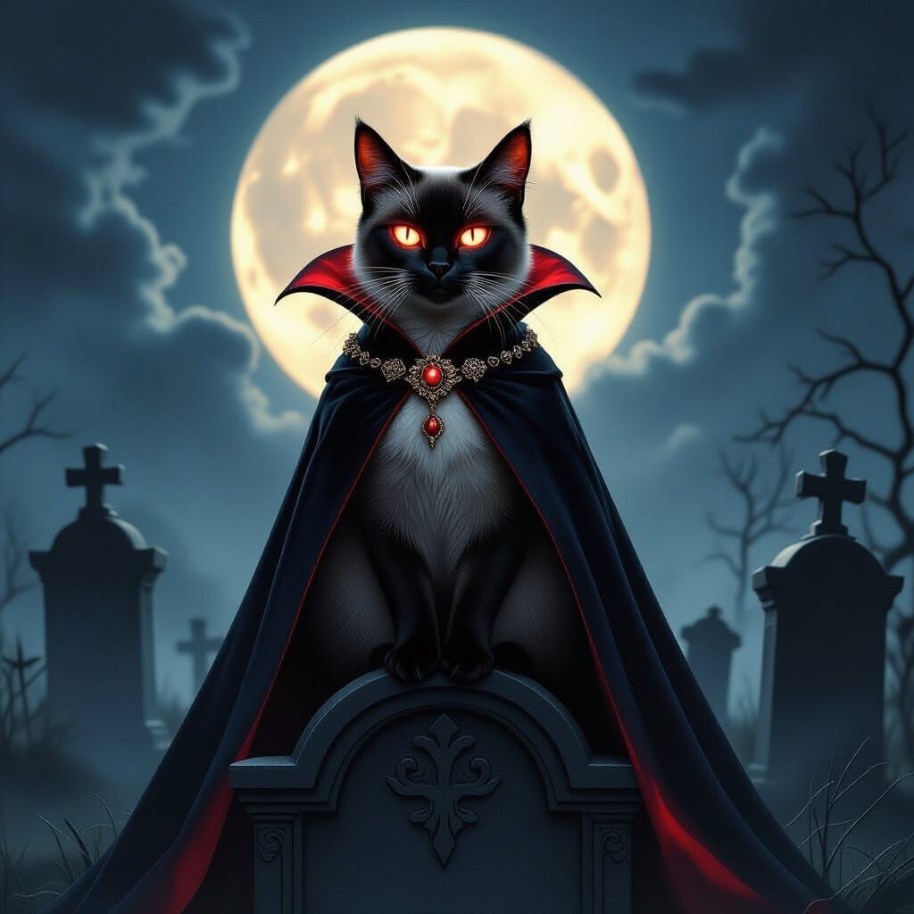 Regal Siamese Cat Vampire on Gothic Tombstone