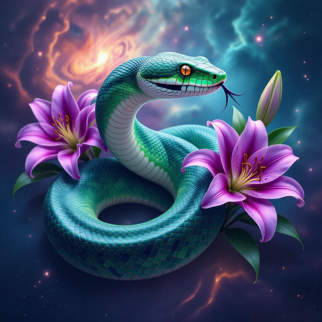 Hyperrealistic Green Snake With Violet Lilies Amidst Cosmic ...