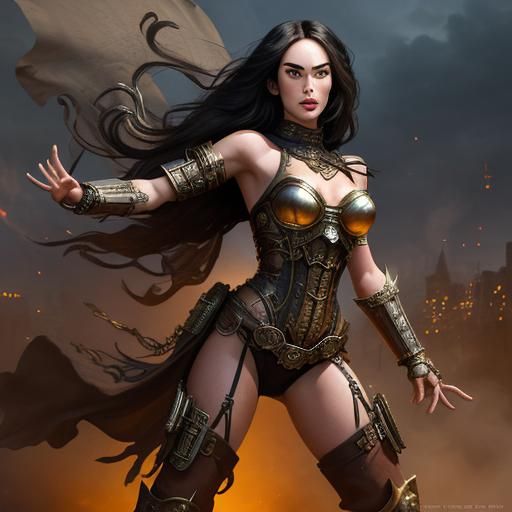 Armored Woman in Steampunk Setting with Cinematic Lighting