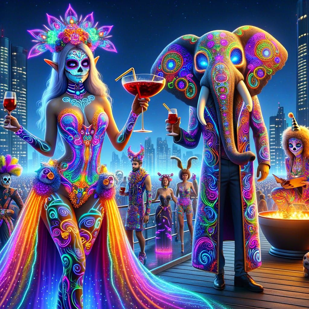 Vibrant Party Scene with an Elephant in a Futuristic City