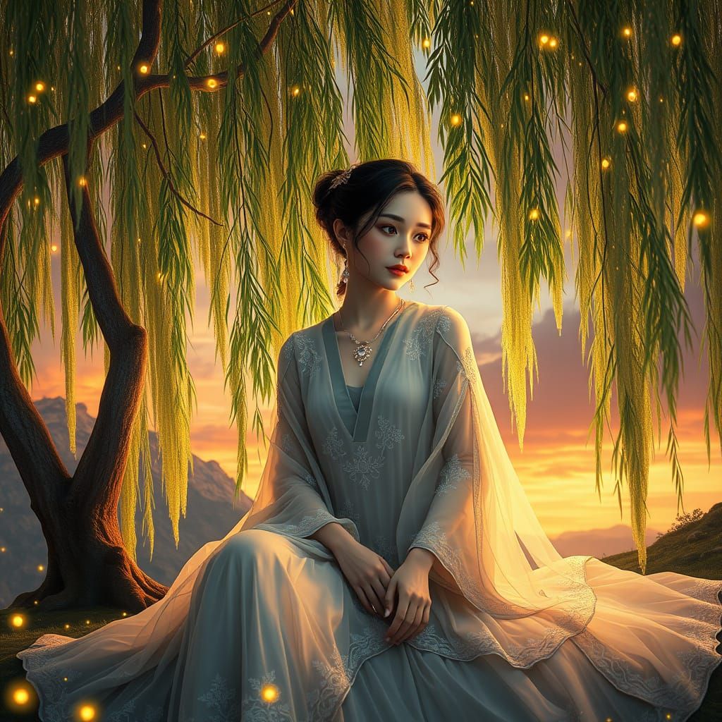 Whimsical Willow Trees with a Contemplative Figure