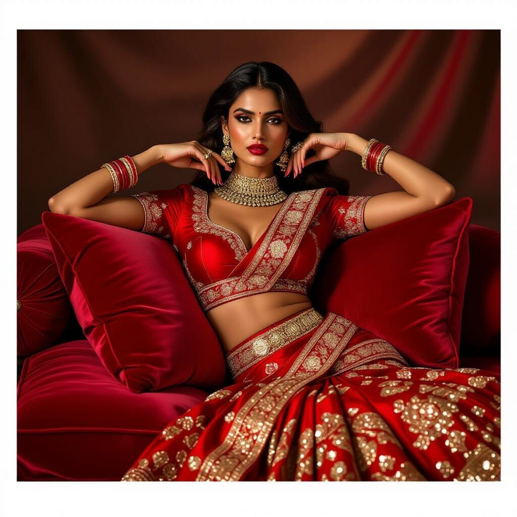 Indian Model in Red Saree Reclining, Classical Portrait