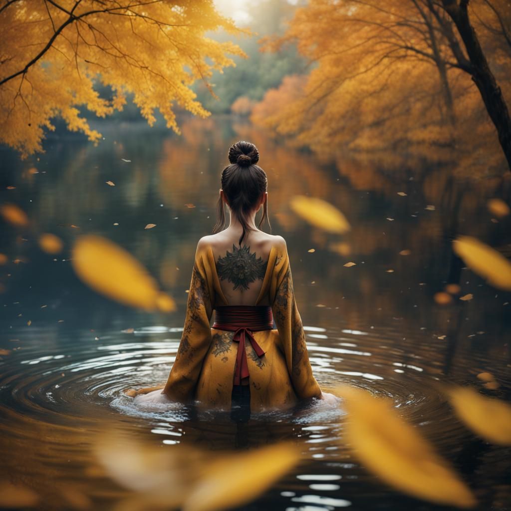 Autumn Forest Jacuzzi Scene with Tattooed Woman