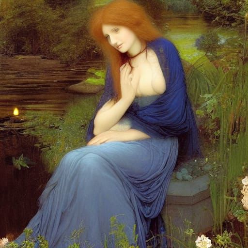 Maiden by Riverbank in Pre-Raphaelite Style