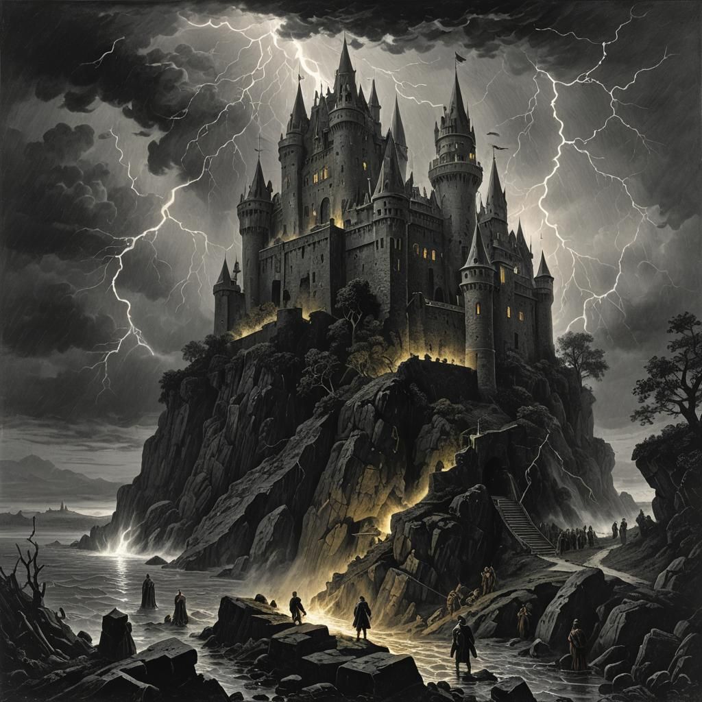 Skeleton in Storm Near Castle, Engraving Style