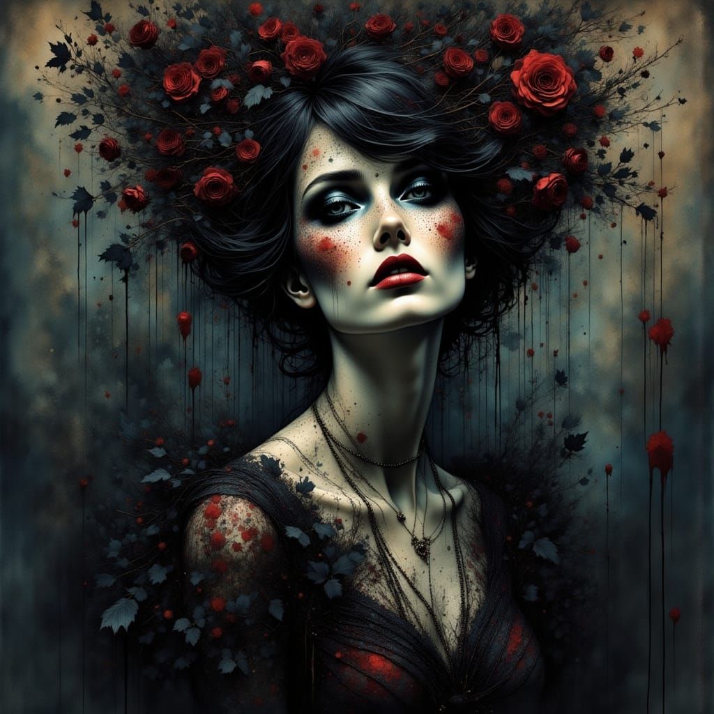 Gothic Woman Portrait with Black Flowers in Ink Style