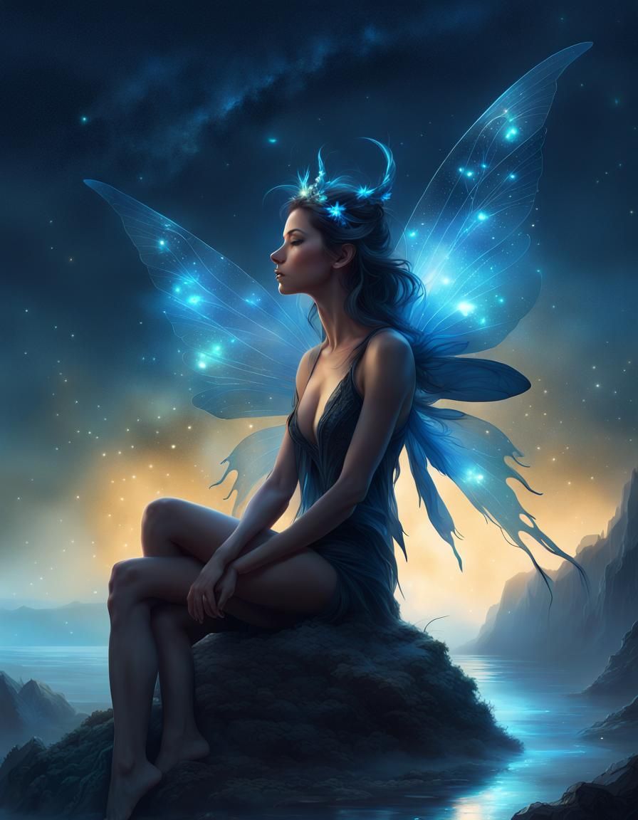 Glowing Fairy Watching Nebula Night Sky