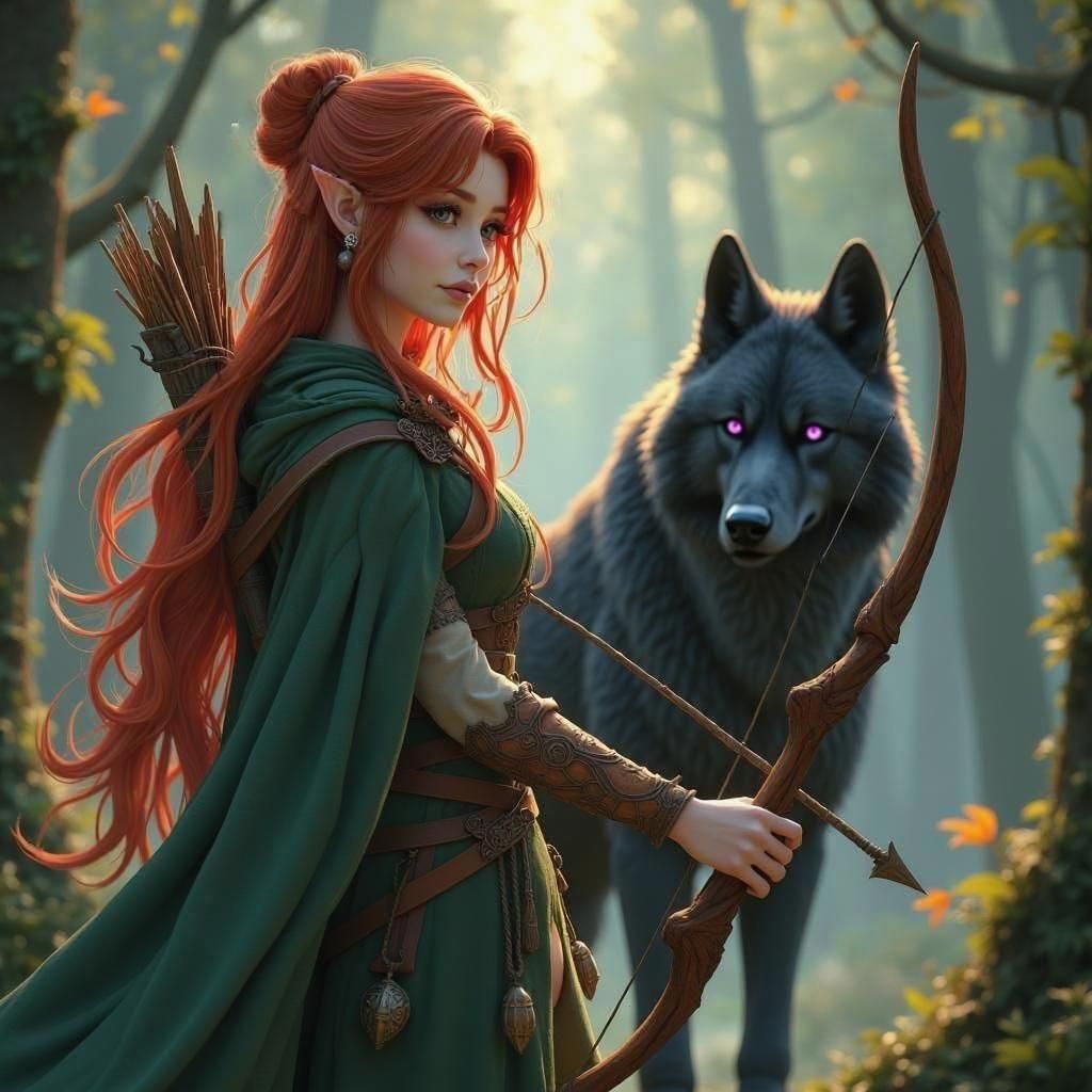 Wood Elf with Wolf in Ethereal Forest