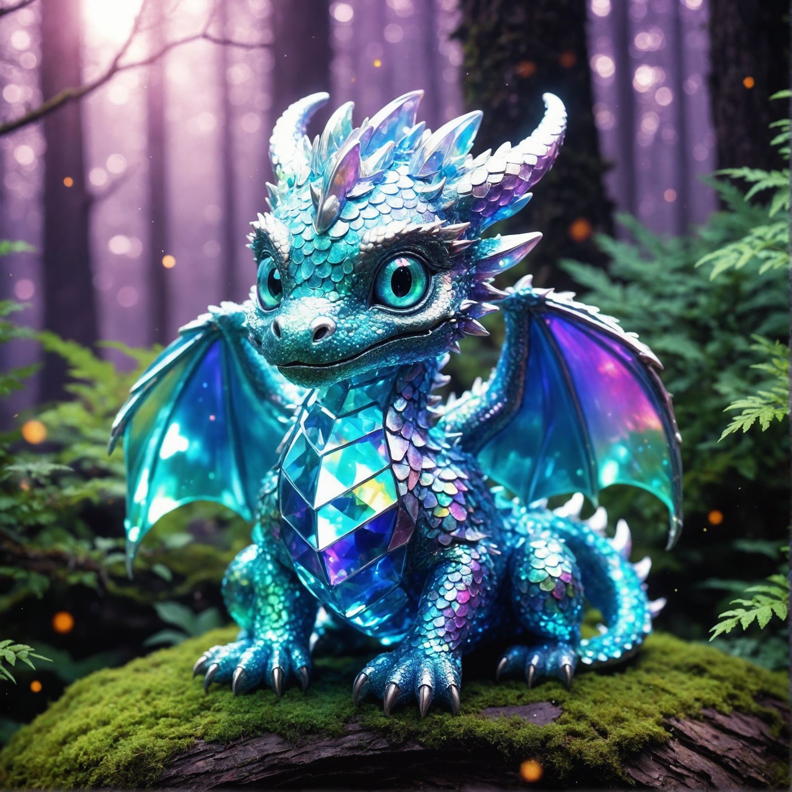 Iridescent Crystal Baby Dragon in Forest, Chibi Style