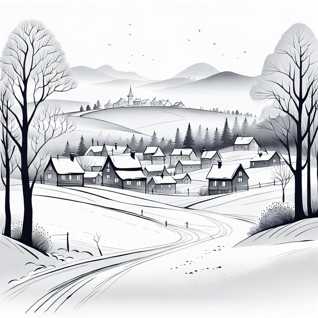 Minimalist Village in Winter: Line Drawing Illustration