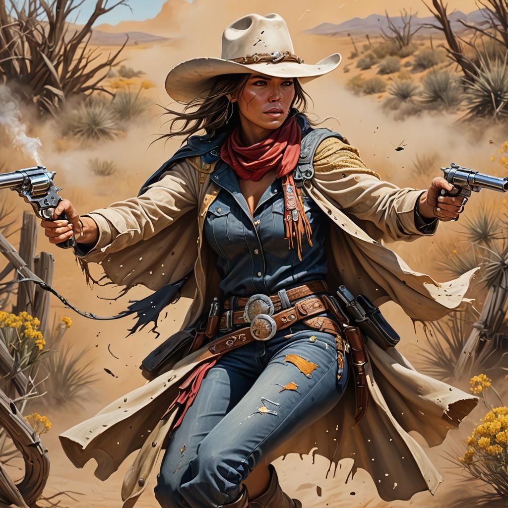 Fierce Gunslinger in Barren Western Landscape