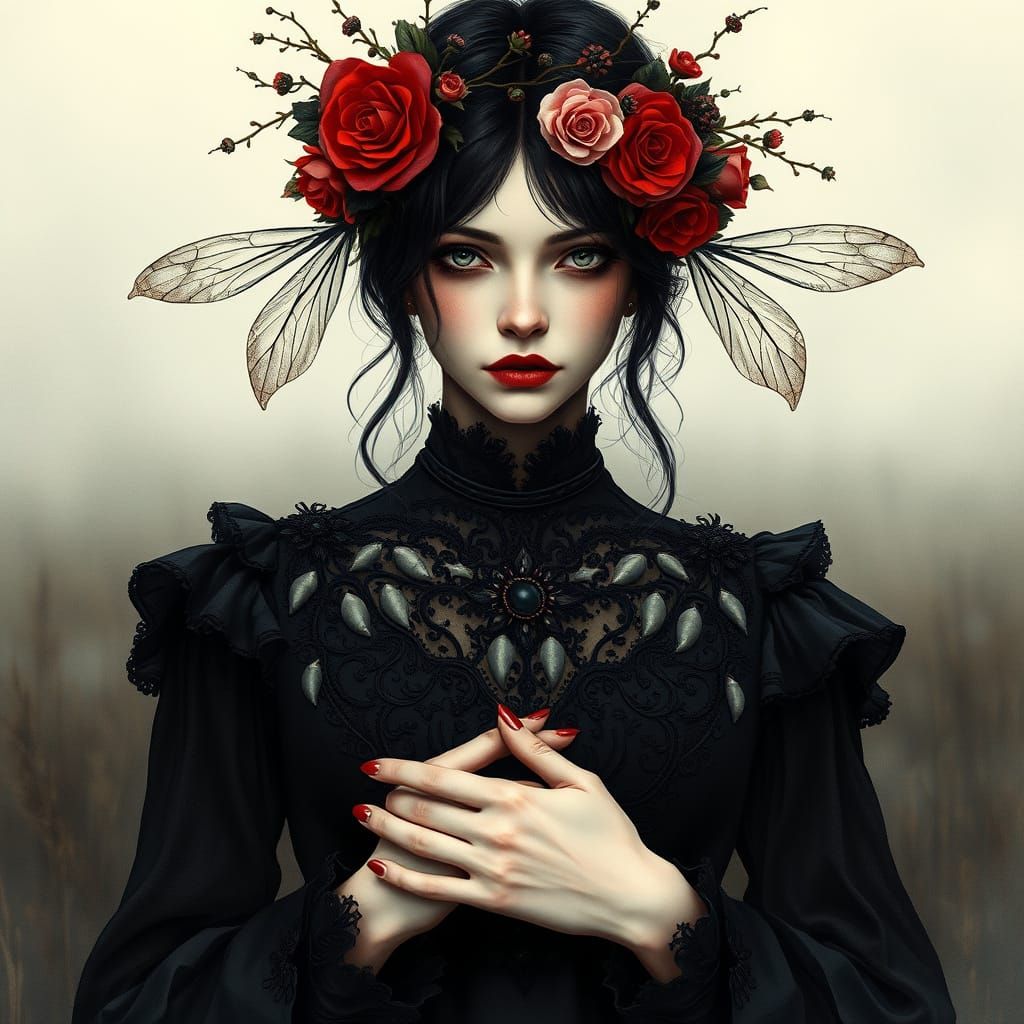 Mysterious Woman with Gothic Floral Crown in Moody Light