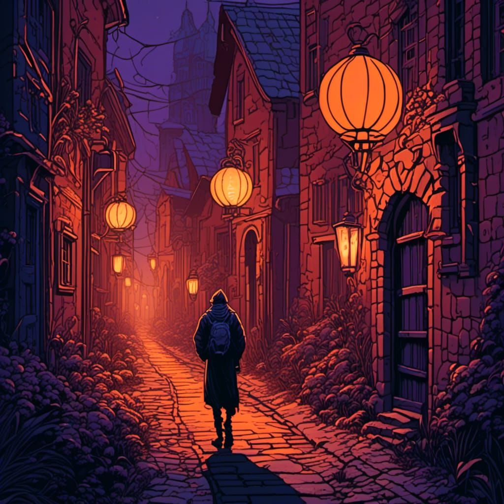 Demonic Figure in Misty Alley: Dark Fantasy Art