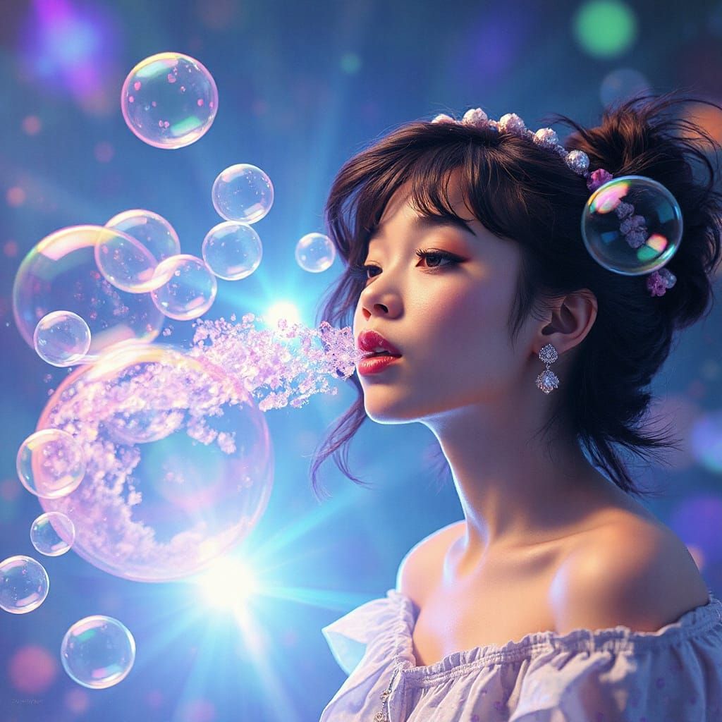 Woman Blowing Shimmering Soap Bubbles in Anime Style