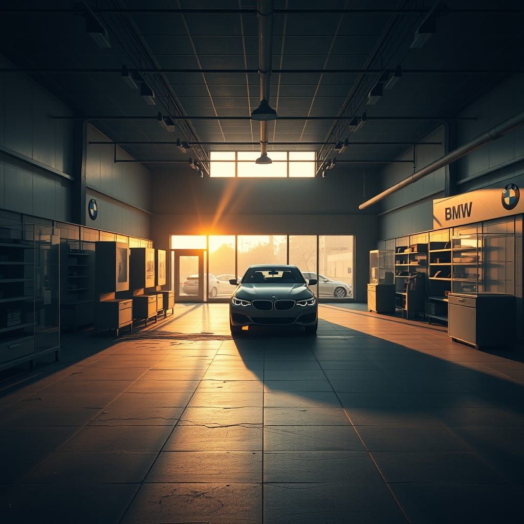 Abandoned BMW Dealership at Dusk, in a Futuristic, Industria...