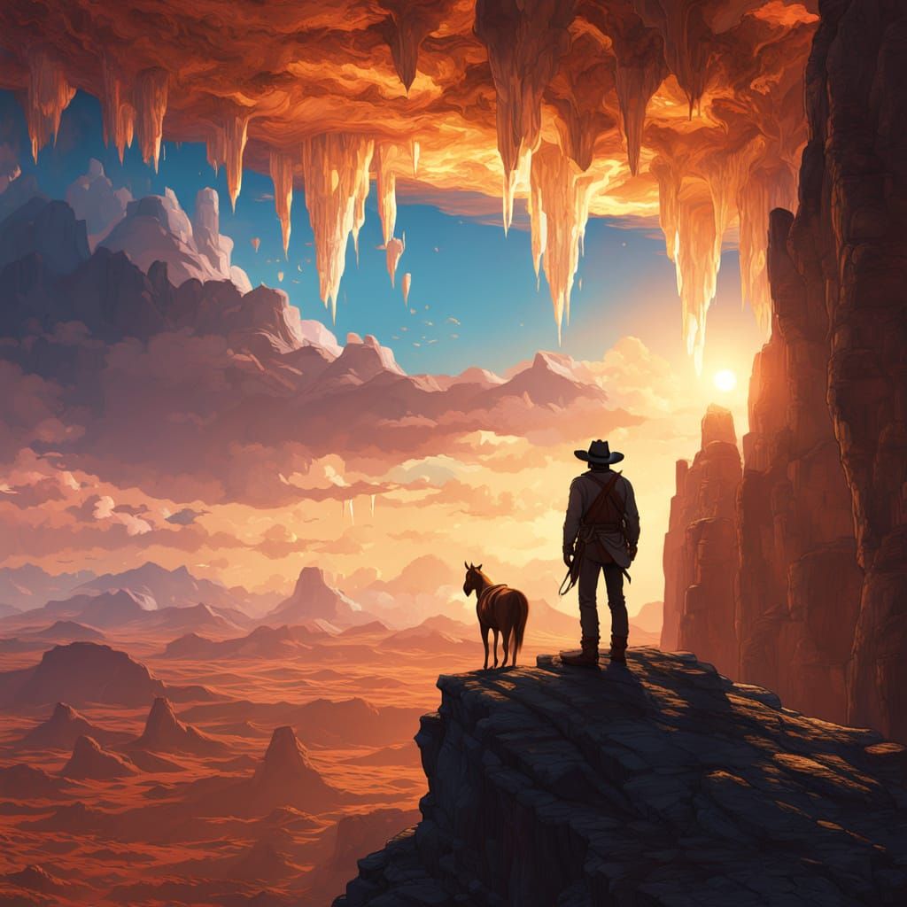 Cowboy Overlooks Glowing Crystal Canyon in Neo-Impressionist...