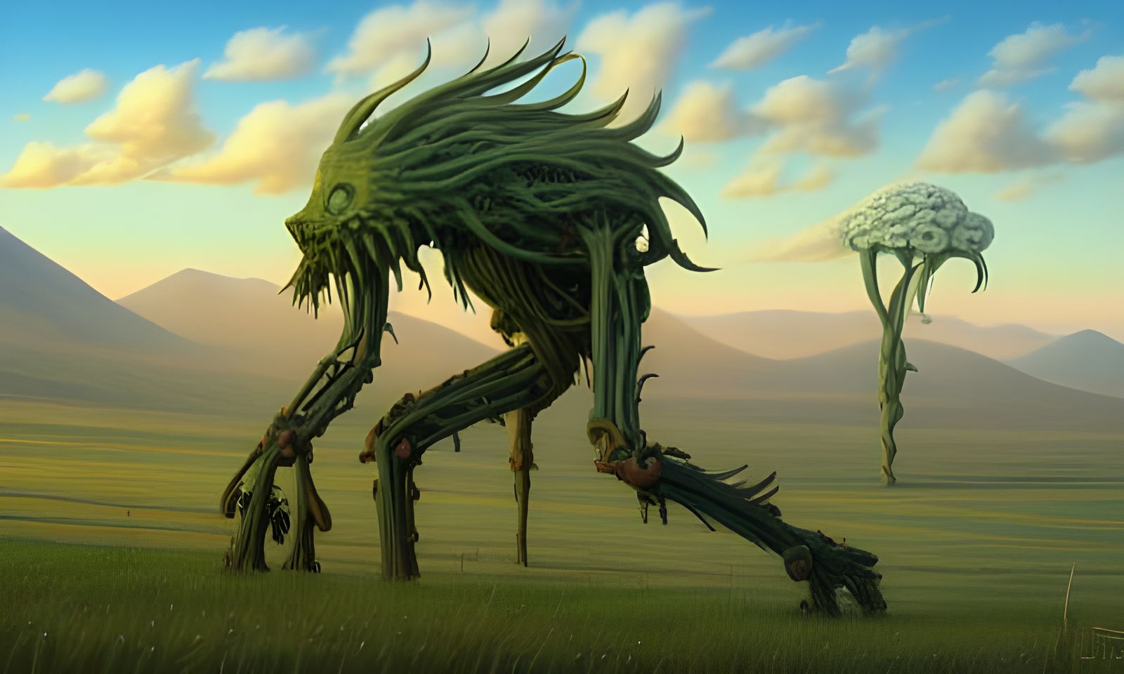 Gigantic Biomechanical Plant Monster in Steppe Landscape