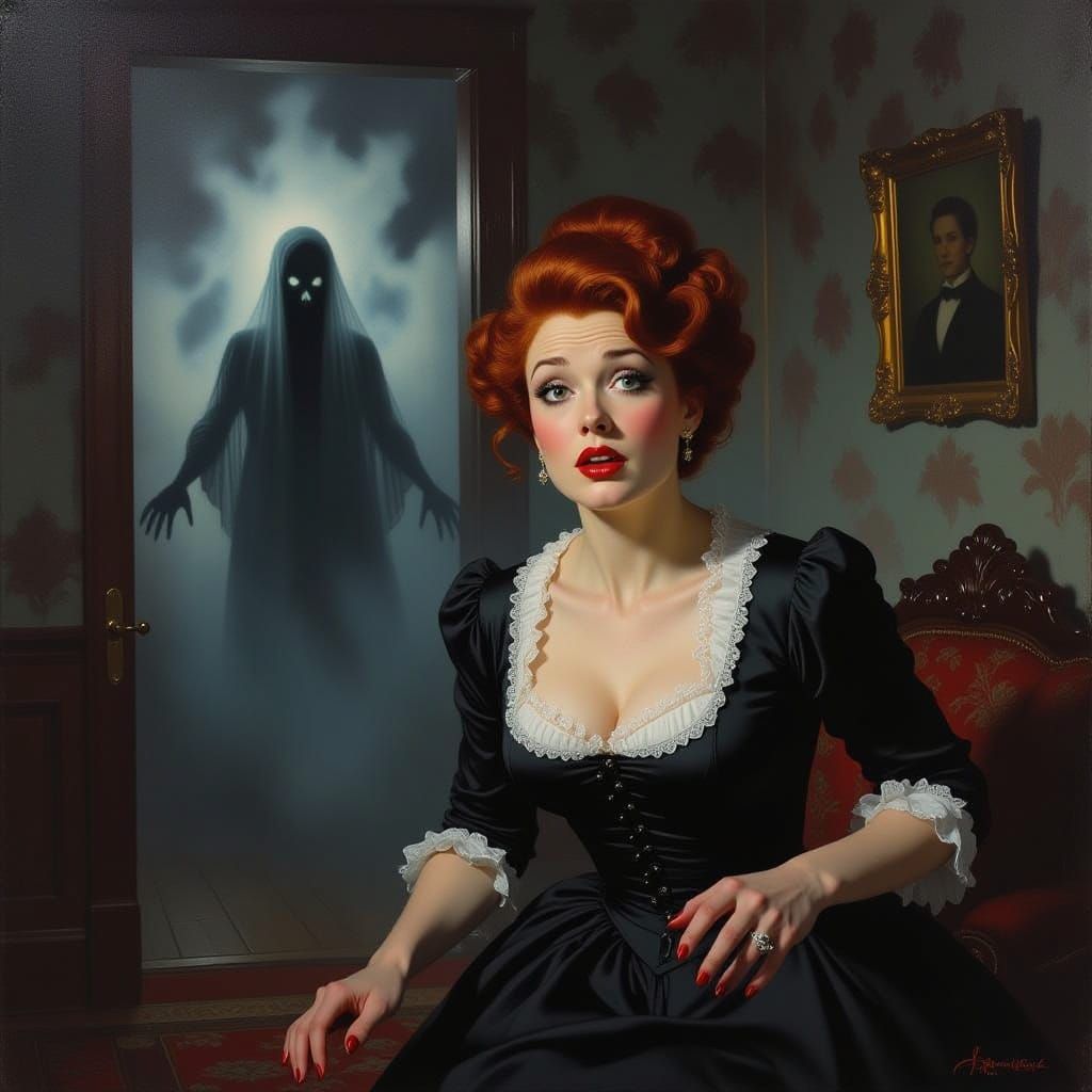 Frightened Woman Running from Ghost, Impressionistic Horror