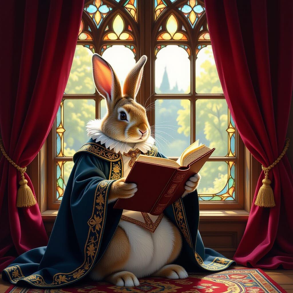 Rabbit Scholar Reads Under Stained Glass Window