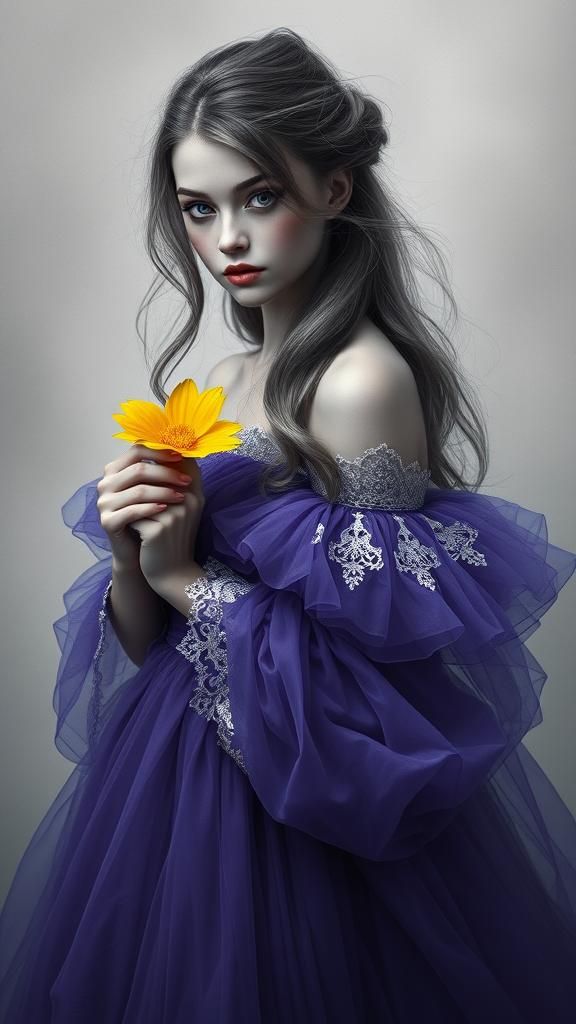 A woman clothed in a flowing violet dress delicately clutche...