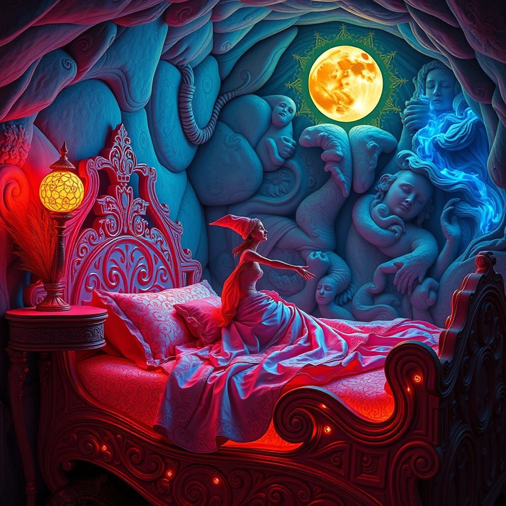 Surreal Wizard Woman in a Vibrant Neon Bed
