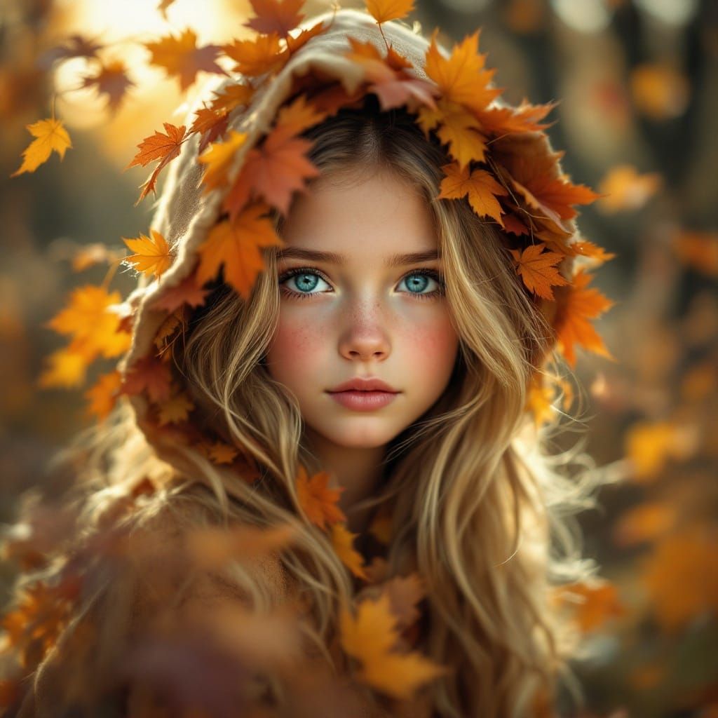 Ethereal Girl in Autumn Landscape, Watercolor Painting