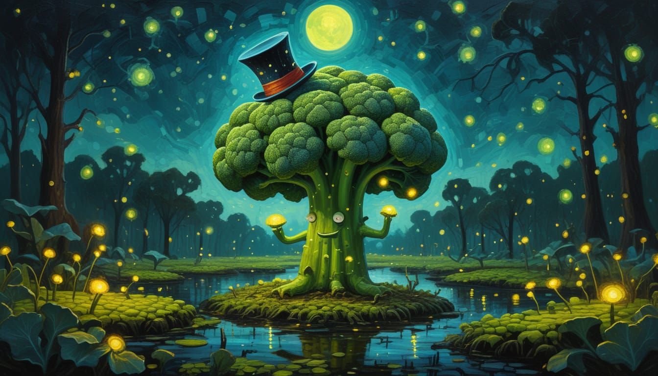 Sentient Broccoli Conducts Fireflies in Moonlit Swamp Oil Pa...