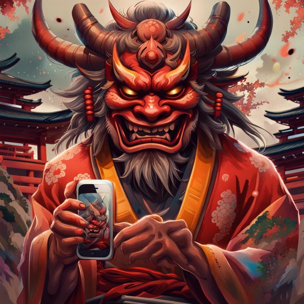 Oni Takes Selfie: Hyperrealistic Japanese Concept Art