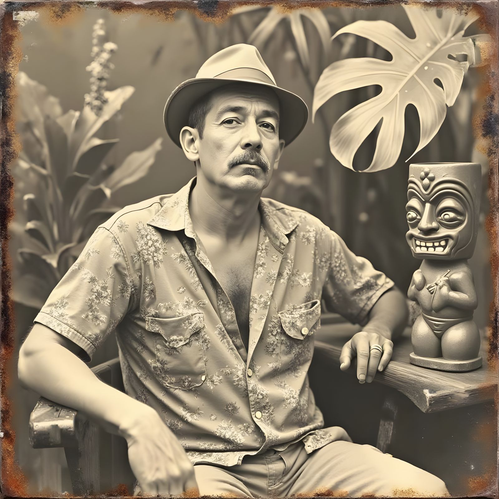 Retro Gentleman Sits in Tiki Bar