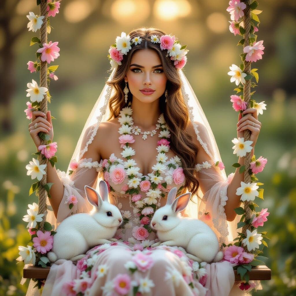 Flower Goddess Portrait with Floral Dress and Rabbits