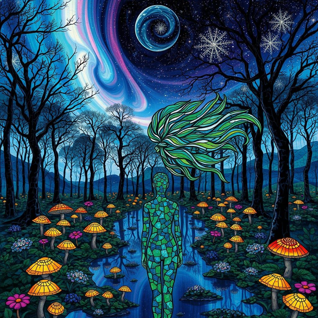 Mirrored Mosaic Forest with Aurora Sky