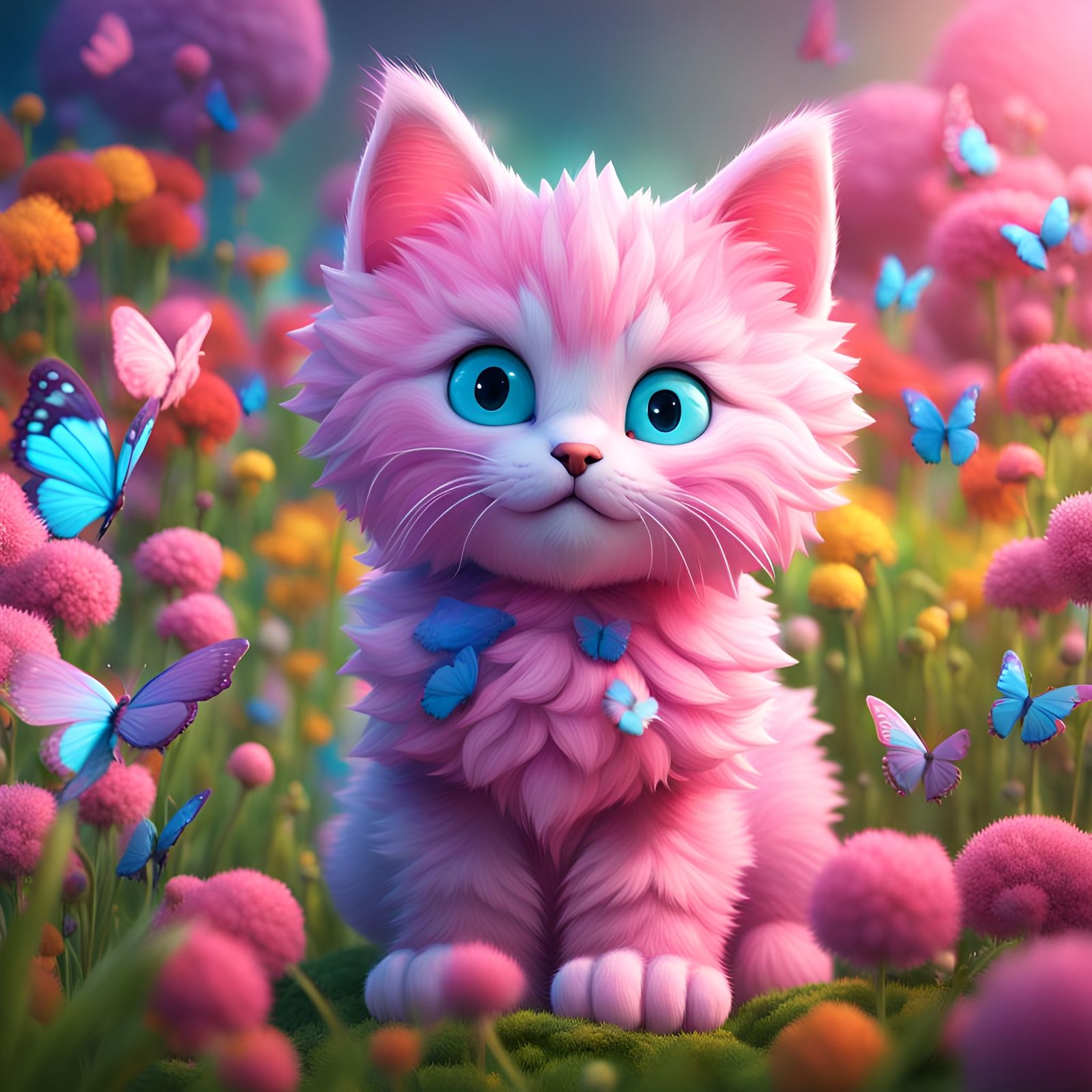 Cute Pink Kitten in Flower Meadow: 3D Digital Art