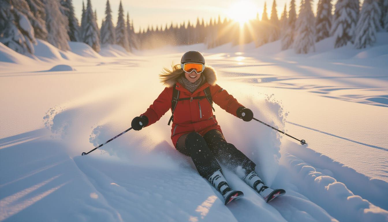 Joyful Alaskan Woman Skiing Through Deep Snow