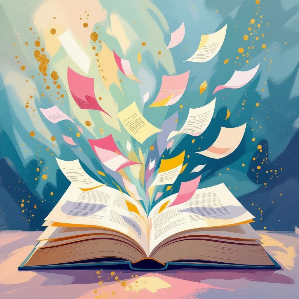 Letters Flying from Book, in Impressionist Rococo Style