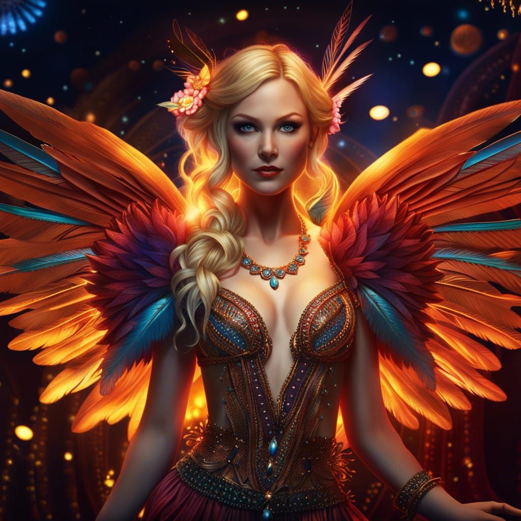 Fantasy Belly Dancer with Fireflies and Feathers