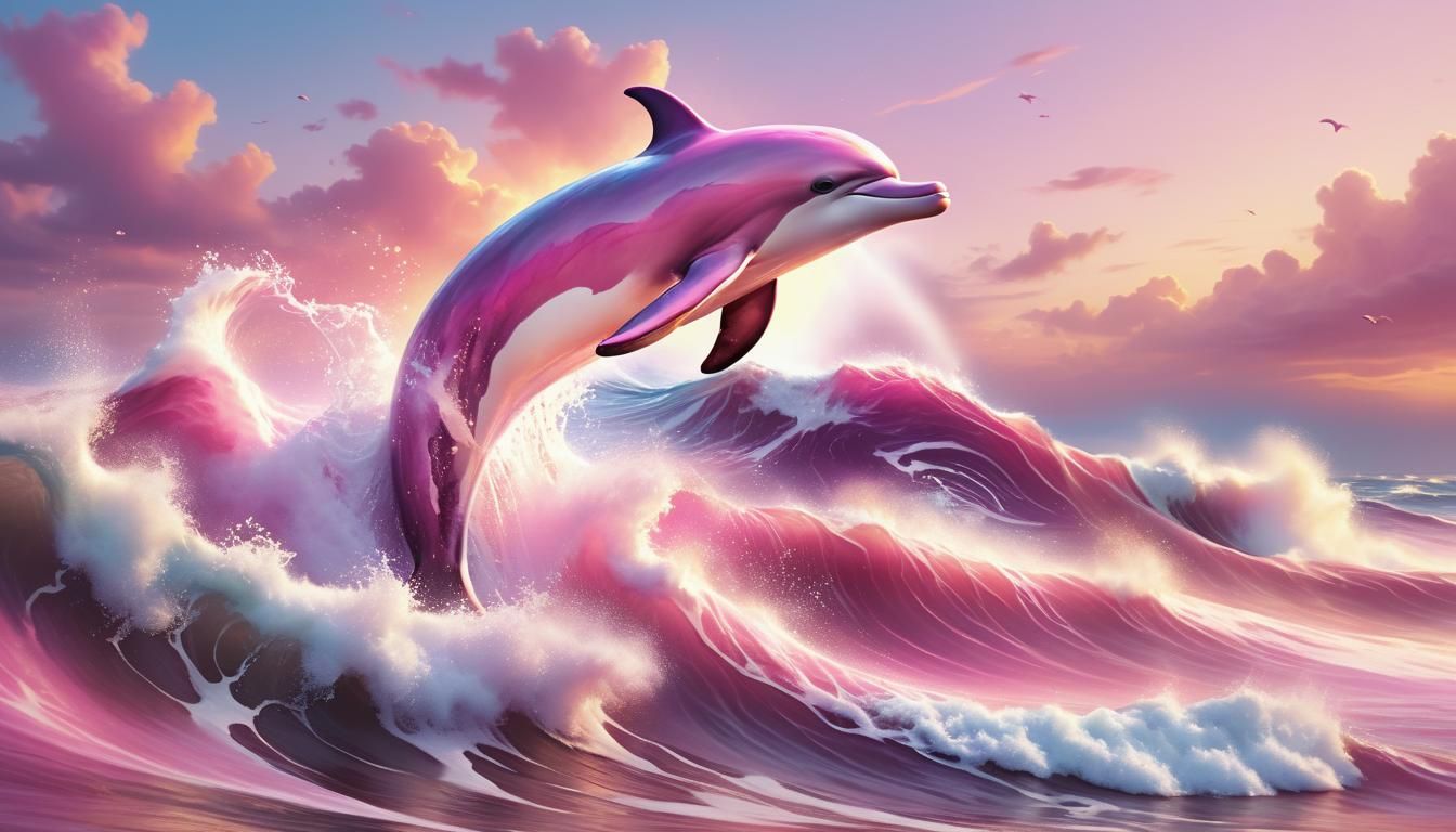 Pink Dolphin Leaps from Frothy Waves at Sunset