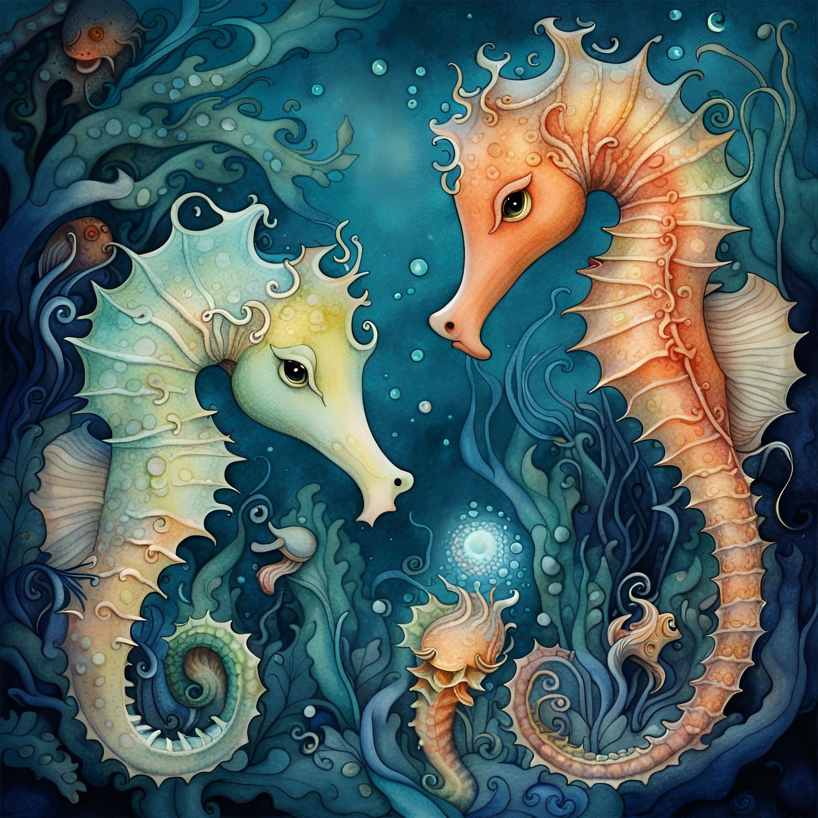 Rococo Seahorses with Bioluminescent Jellyfish