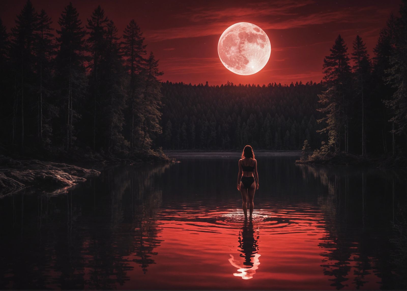 Moonlit Lake: Woman Bathing in Hyperrealistic Forest