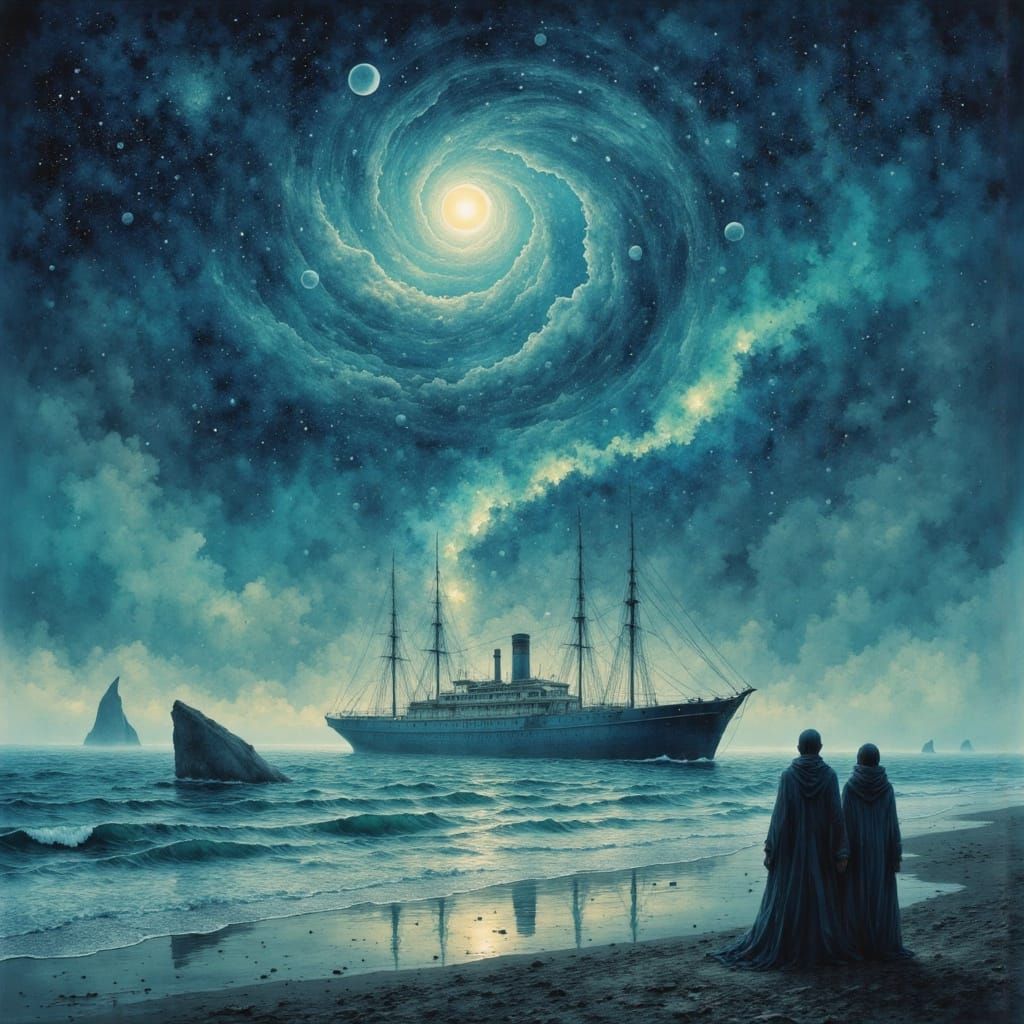 Mystical Seascape with Steamship and Whale Tail