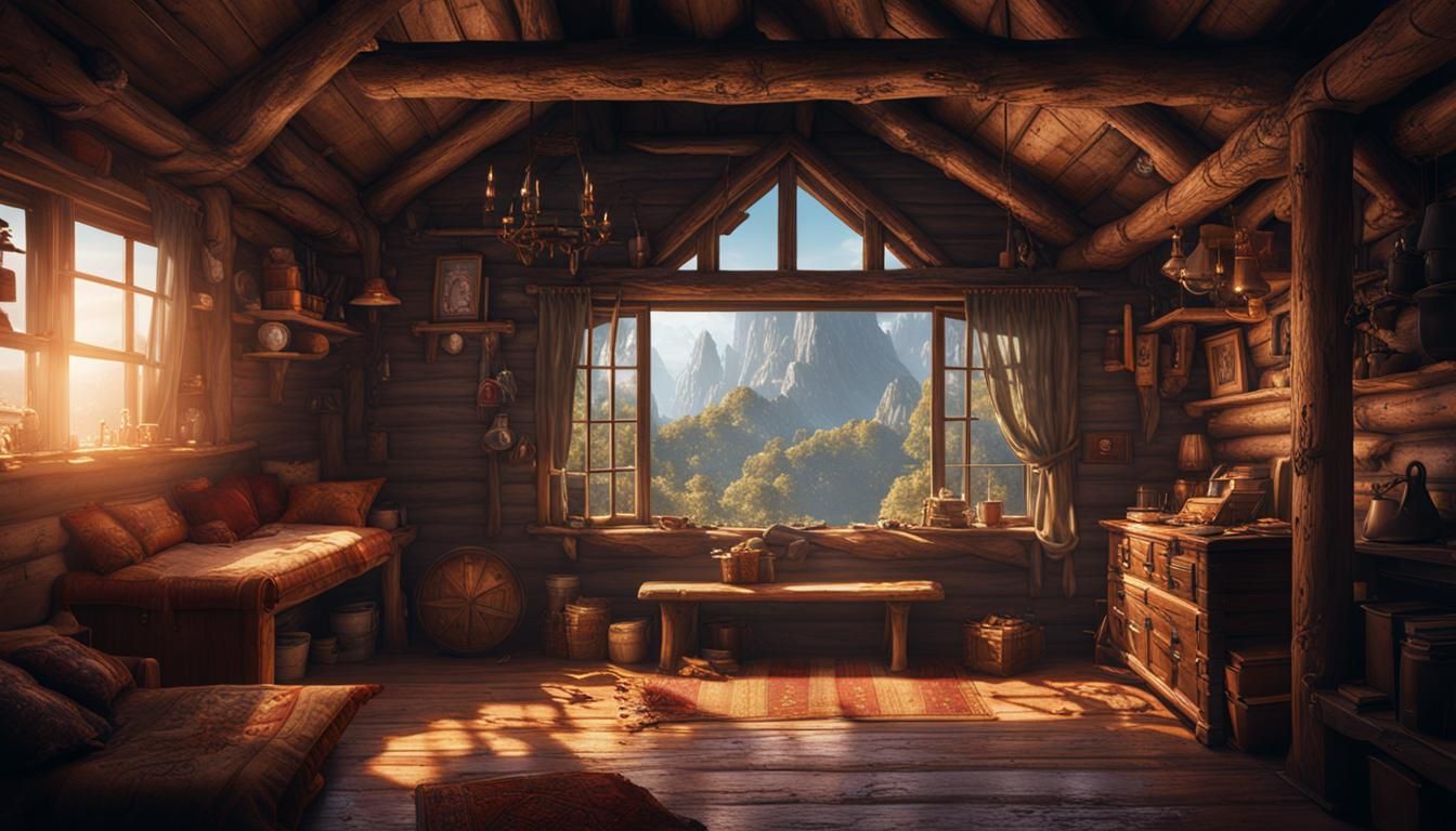 Cabin Interior with Fantasy Landscape View