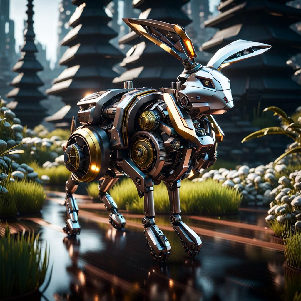 Mechanical Rabbit-Human Hybrid in 3D Cinematic Style