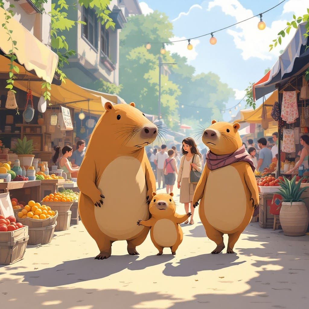 Capybara Family in Whimsical Market Scene, Inspired by Studi...